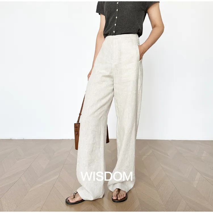 【纤直长腿】高级感舒适亚麻窄版直筒显瘦百搭中高腰休闲裤