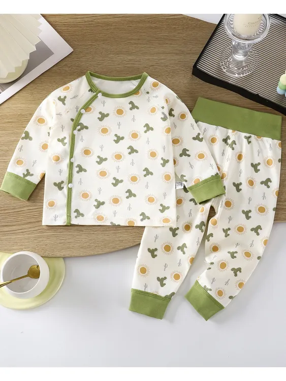 婴幼儿A类纯棉家居服偏襟分体秋衣秋裤套装男女高腰护肚贴身打底