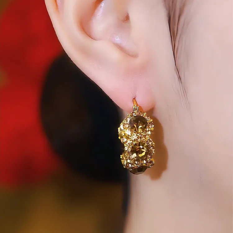 铜合金锆石耳饰 香槟色法式复古圆圈耳扣欧美圈圈气质耳环重工