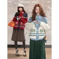 LOVEHEYNEW蓝色雪花刺绣配围巾费尔岛开衫毛衣女冬保暖上衣5Q846