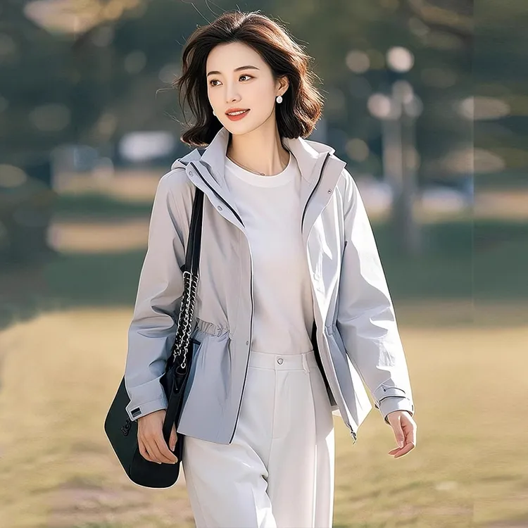 短外套女灰色连帽女士夹克2025秋冬新款防风上衣时尚宽松风衣显瘦