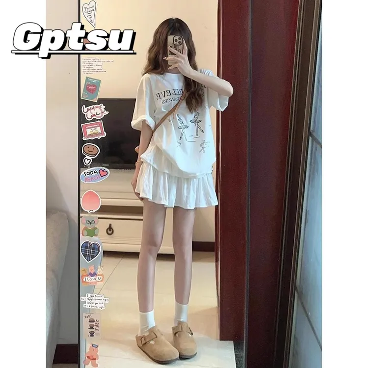GPTSu韩系少女夏季减龄短裙套装小个子甜辣风短袖T恤蛋糕裙两件套