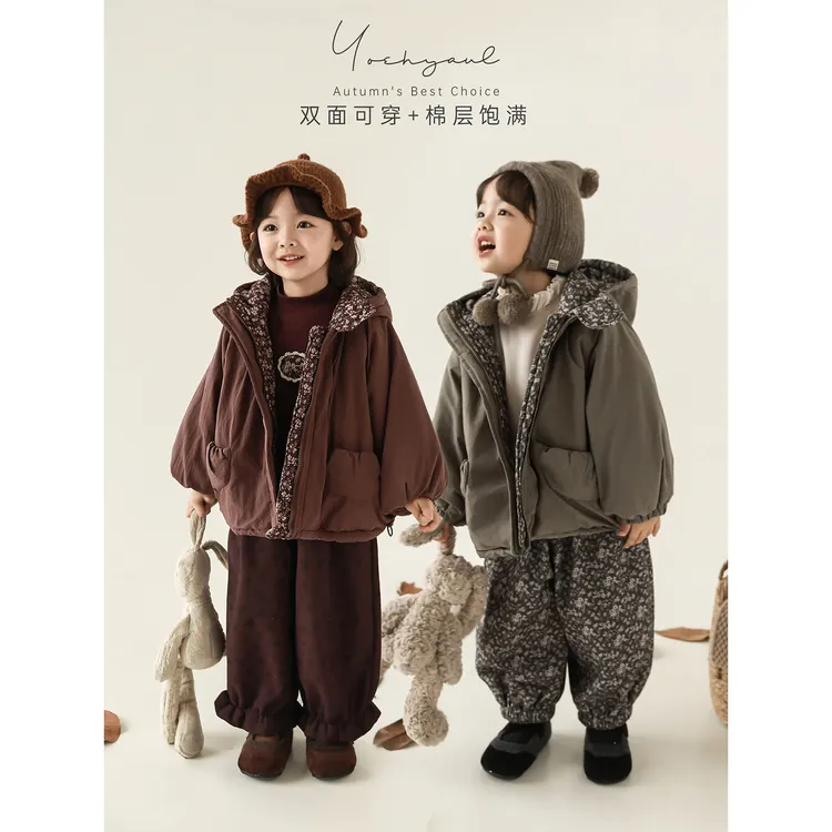幼悠女童冬季森系碎花两面穿连帽棉服外套秋冬款女宝宝衣服D4675