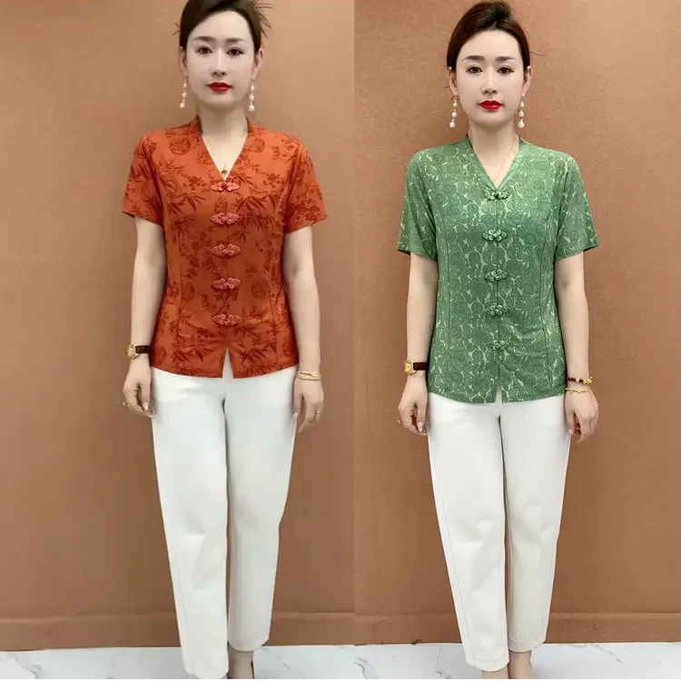 复古盘扣设计感小衫夏季新款时尚中年妈妈装百搭遮肉薄款短袖上衣