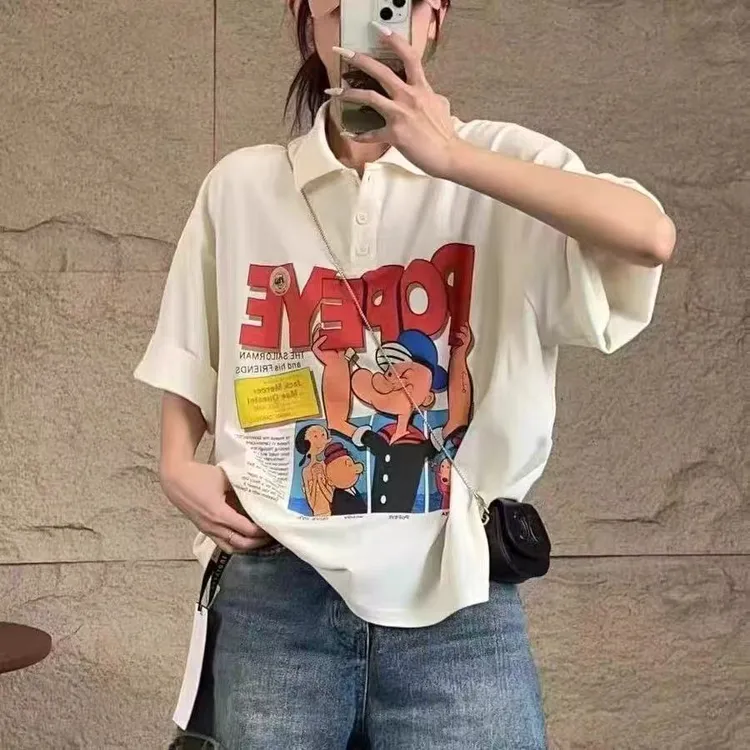 大力水手卡通图案宽松短袖POLO衫女夏季洋气休闲百搭