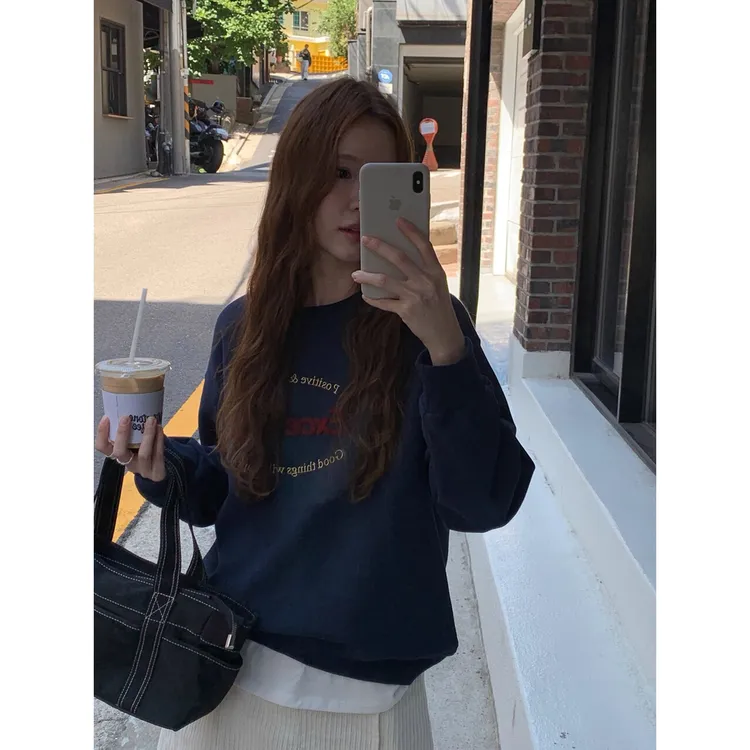 IEF/爱依服时尚自制日系慵懒风藏青色长袖卫衣外套女秋甜美复古圆