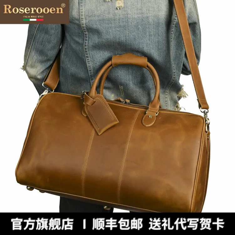 Roserooen轻奢男士真皮棕色旅行包大容量商务出行手提男士行李包