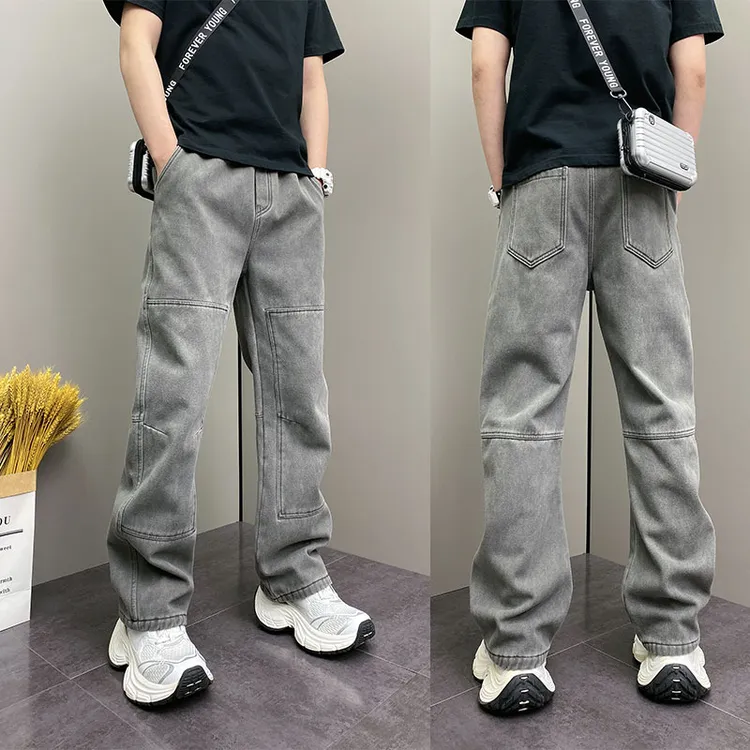 简约水洗灰色牛仔裤春季爆款拼接时尚直筒裤百搭松紧腰原创休闲裤