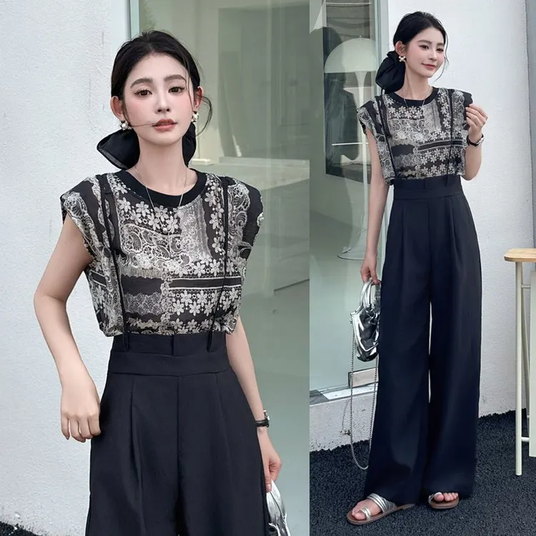 高腰吊带阔腿裤套装女夏季2025时尚提花垂感直筒背带裤两件套减龄