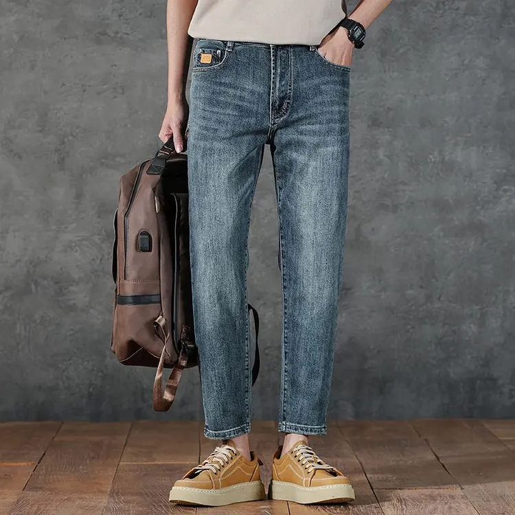 夏季高端薄款男士牛仔裤修身弹力港风复古小脚高档轻奢休闲九分裤