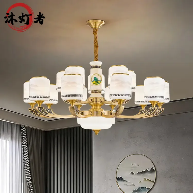 新中式新款全铜客厅吊灯别墅自建房大厅餐厅新中式客厅家用吊灯