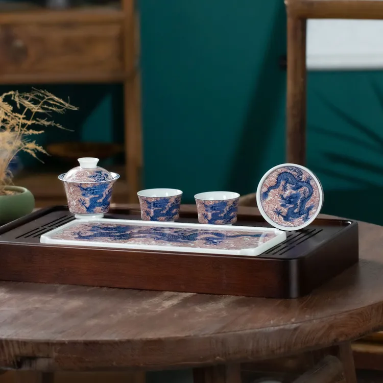 景德镇炎匠堂青花釉里红霸王龙茶盘套组 新中式 复古 高档 龙纹 