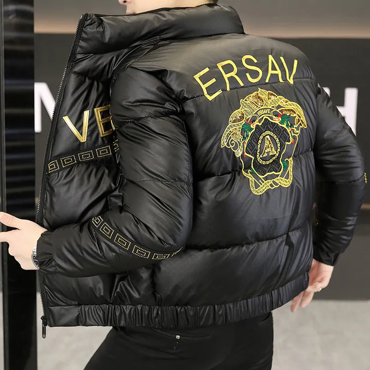 欧洲站冬季新款立领棉衣男修身青年时尚帅气潮流加厚刺绣棉服外套