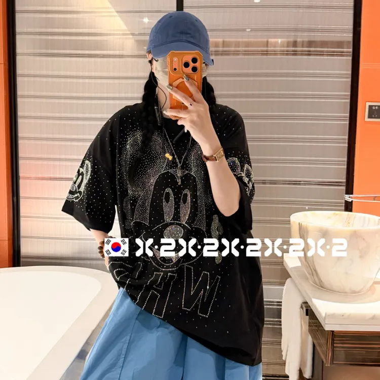 重工全钻米奇88559宽松大版中长款女夏季新款洋气百搭减龄小众
