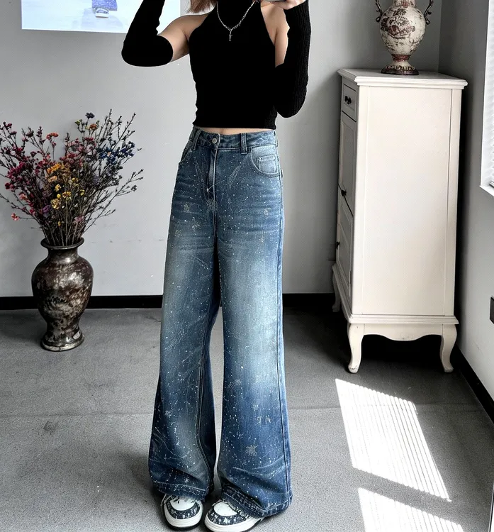 【繁星】春季新款重工烫钻爆闪高腰显瘦时尚蓝色弹力阔腿牛仔长裤