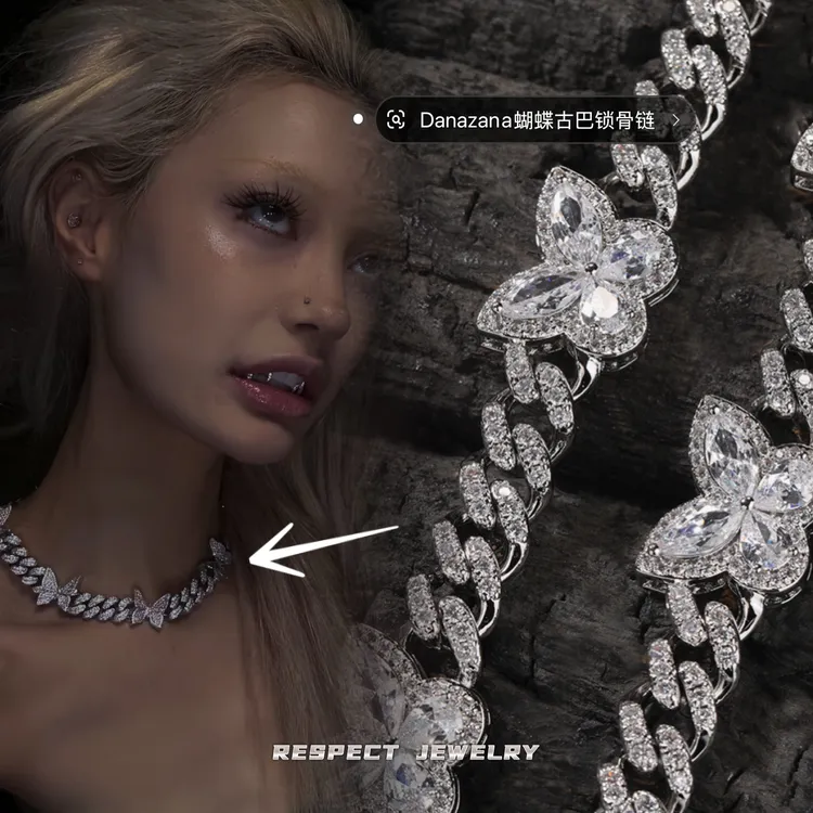 铜锆石项链 Danazana同款蝴蝶古巴链锁骨链辣妹气质嘻哈项链