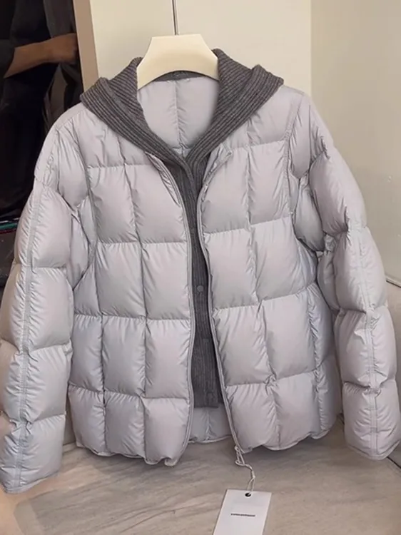 针织连帽宽松羽绒服女冬季2025新款显瘦假两件加厚保暖鸭绒外套