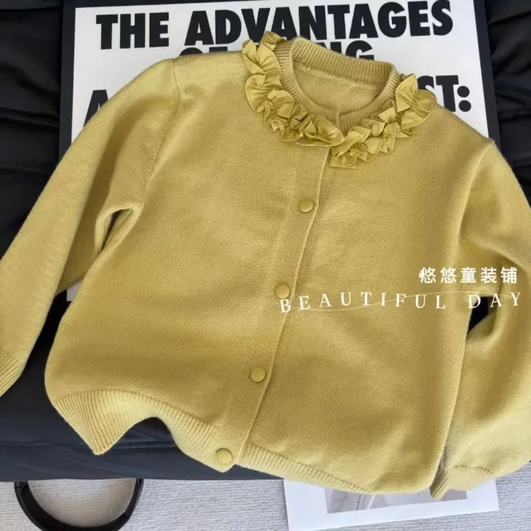 女童秋季新款针织开衫花边领女宝宝洋气休闲百搭毛衣