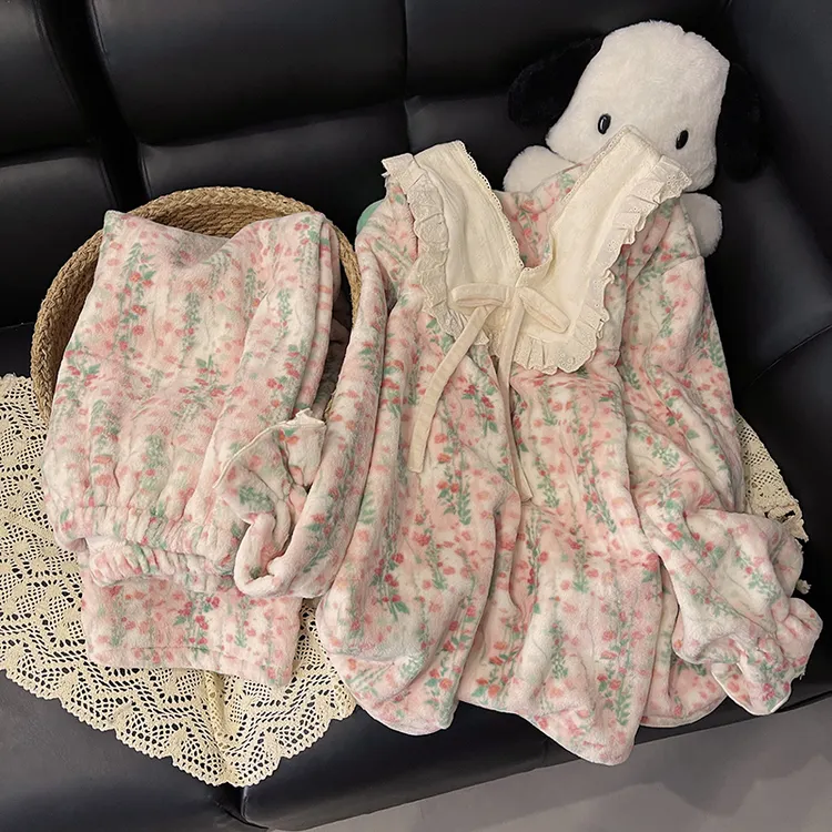 珊瑚绒睡衣女秋冬季加厚保暖设计感家居服甜美两件套装