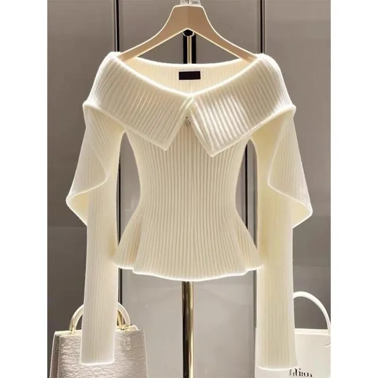 秋冬新款荷花边露肩长袖针织衫女高级感气质收腰显瘦通勤毛衣上衣