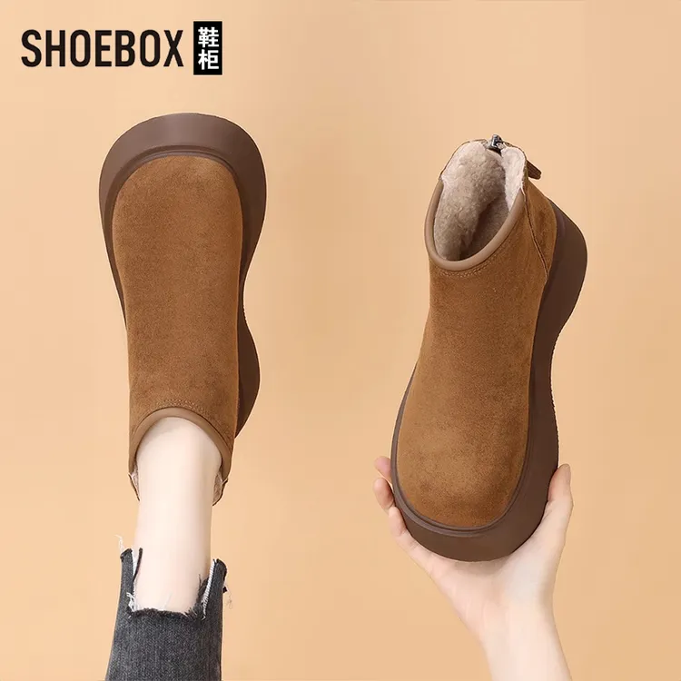 SHOEBOX鞋柜冬季加绒雪地靴女2025新款短靴厚底勃肯棉鞋桑坡村