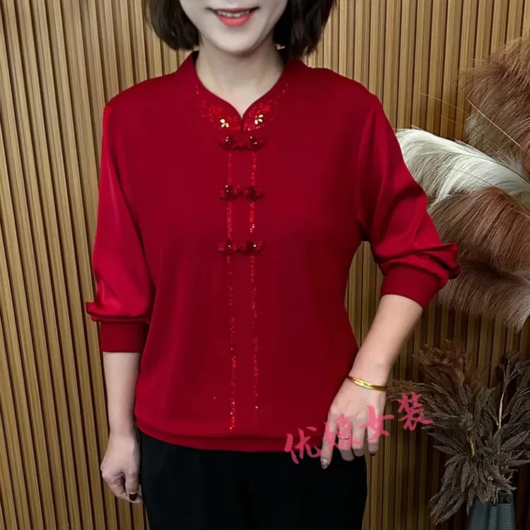 2025春季新款时尚拼接圆领盘扣显瘦百搭洋气妈妈装长袖上衣 A8803