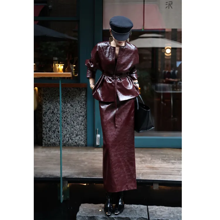 复古高级感美拉德风时尚套装气质落肩蝙蝠袖皮外套开叉长半裙两件