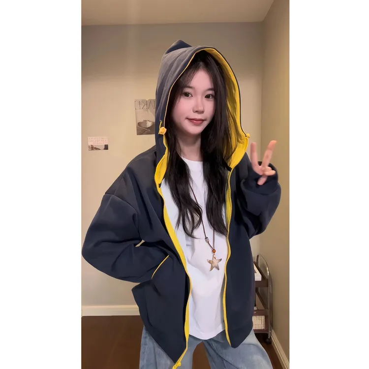 藏青色美式拼色连帽撞色卫衣秋季新款男大连帽潮牌情侣卫衣外套