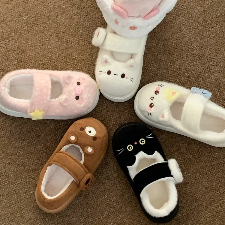 细细条 防滑魔术贴玛丽珍棉鞋豆豆鞋ins外穿女冬卡通软萌lolita鞋