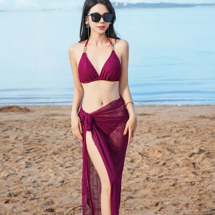 泳装裹裙缪系女神比基尼三件套性感高级感海边度假温泉泳衣女夏季
