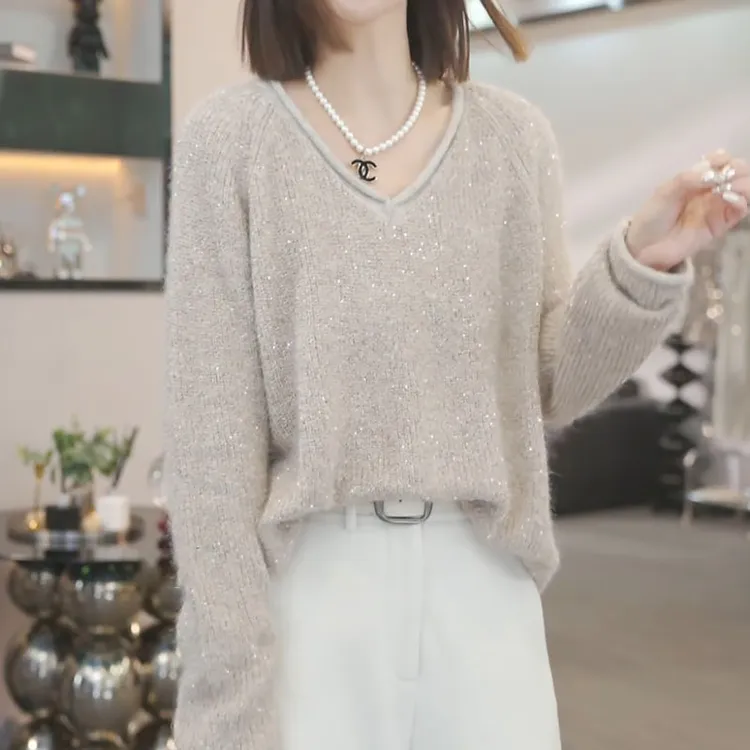 重工亮片V领针织衫女2025秋冬新款套头毛衣宽松慵懒百搭长袖上衣