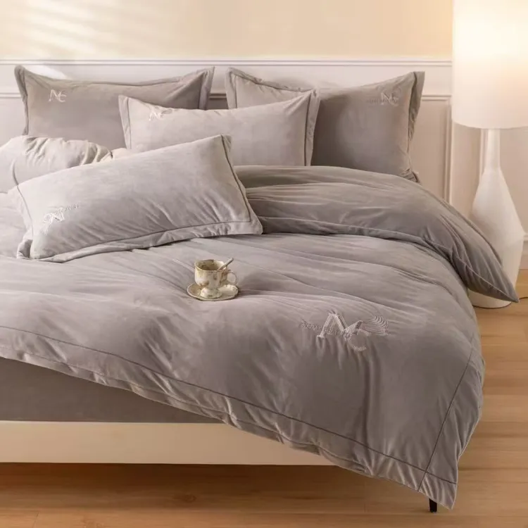 A类牛奶绒夹棉床笠四件套冬季珊瑚绒加绒被套加厚床套双面绒床罩