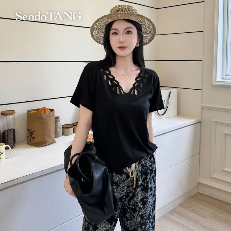 现货镂空花边【小灯泡】胖多女装新款休闲宽松百搭T恤短袖上衣