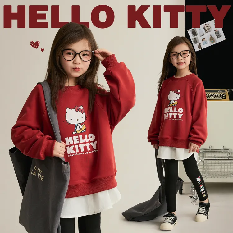 辰辰妈【爱心信封】正版HelloKitty女童撞色印花保暖套头卫衣8793DH