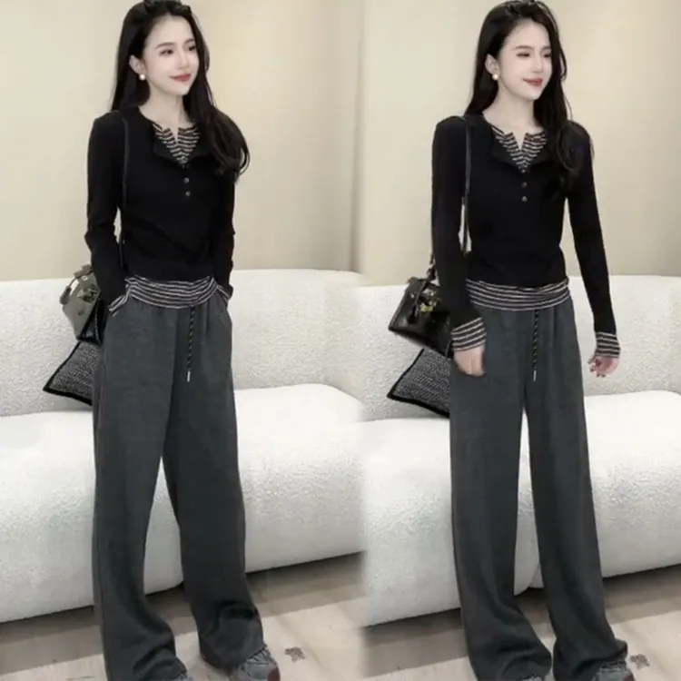 假两件撞色条纹长袖T恤女2025秋季新款设计感修身上衣裤子两件套