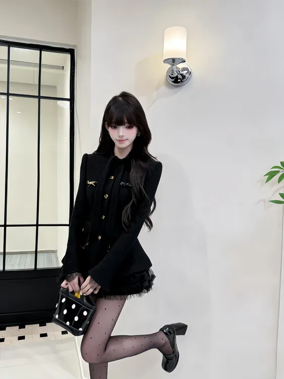 【千金玛德琳】秋冬纯欲千金风INS风法式显瘦排扣复古冬季时尚套装