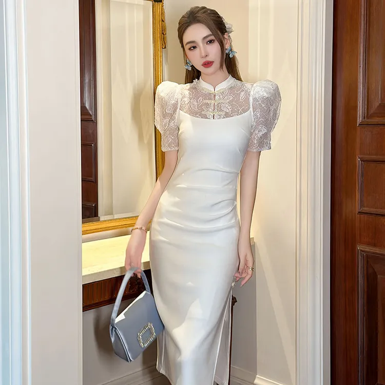 泡泡袖修身高端精致连衣裙气质包臀白色裙子夏季女2025新款