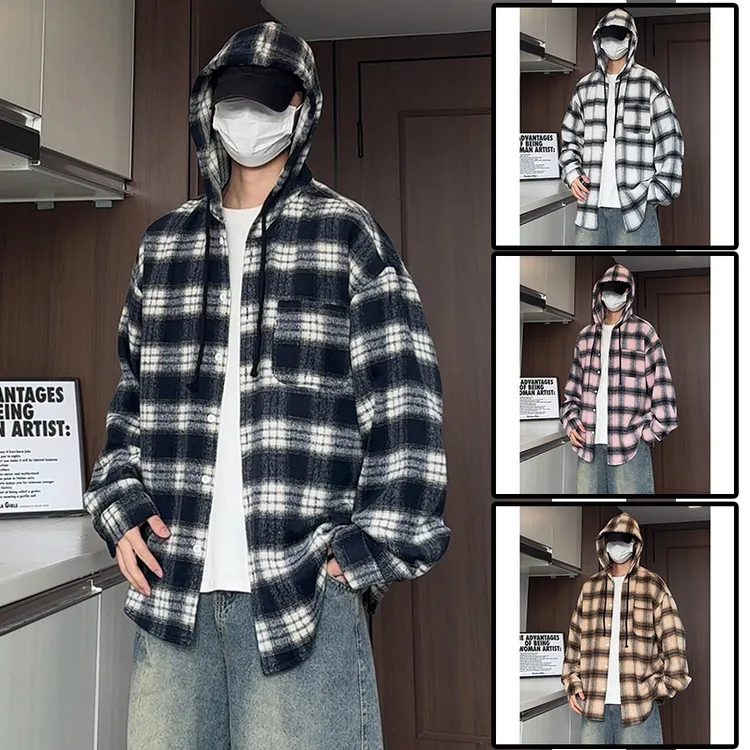 新款秋装港味格子连帽衬衫男格纹外套男女宽松百搭潮学生慵懒上衣