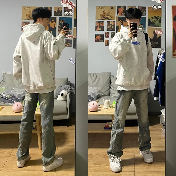 WASSUP HSUBE美式潮流休闲几何鲨鱼长袖秋冬宽松印花卫衣情侣上衣