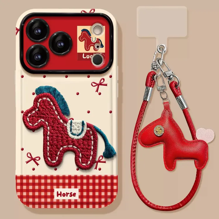 刺绣红马适用苹果华为VIVO小米OPPO视窗贴皮防摔手机壳红色