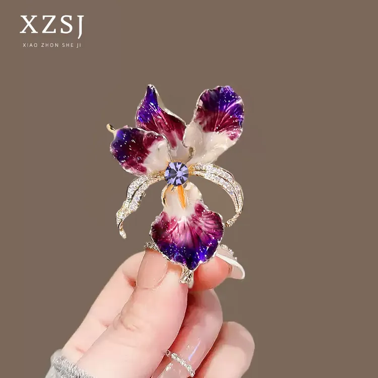 铜珐琅胸针 紫色鸢尾花别针高档轻奢西服胸花森系设计感衣服配饰