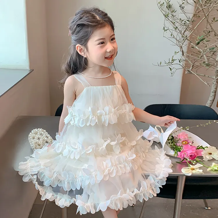 夏季蛋糕裙公主风纯色女连衣裙大童韩版女童蕾丝纱裙洋气吊带