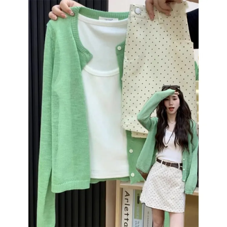 薄荷曼波绿色冰丝针织开衫薄款女夏吊带外搭防晒罩衫半身裙两件套