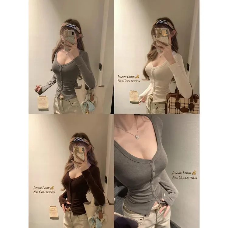 纯欲性感大v领纽扣长袖T恤女秋冬韩系修身显瘦内搭打底衫短款上衣