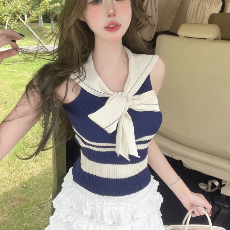 夏季蓝白撞色条纹海军领飘带修身高腰显白无袖针织衫背心女装上衣