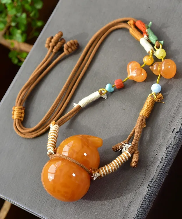 天然俄料鸡油黄老蜜蜡立体葫芦吊坠项链 蜡质感浓郁 好品质无瑕疵