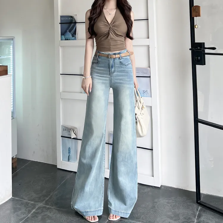 莱赛尔弹力天丝不贴腿微喇叭秋日浅蓝牛仔裤女新款高腰小个子百搭