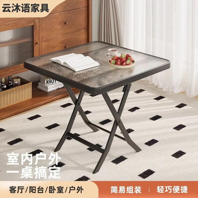 云沐语折叠桌钢化玻璃圆桌折叠家用可移动玻璃桌出租屋掼蛋专用桌