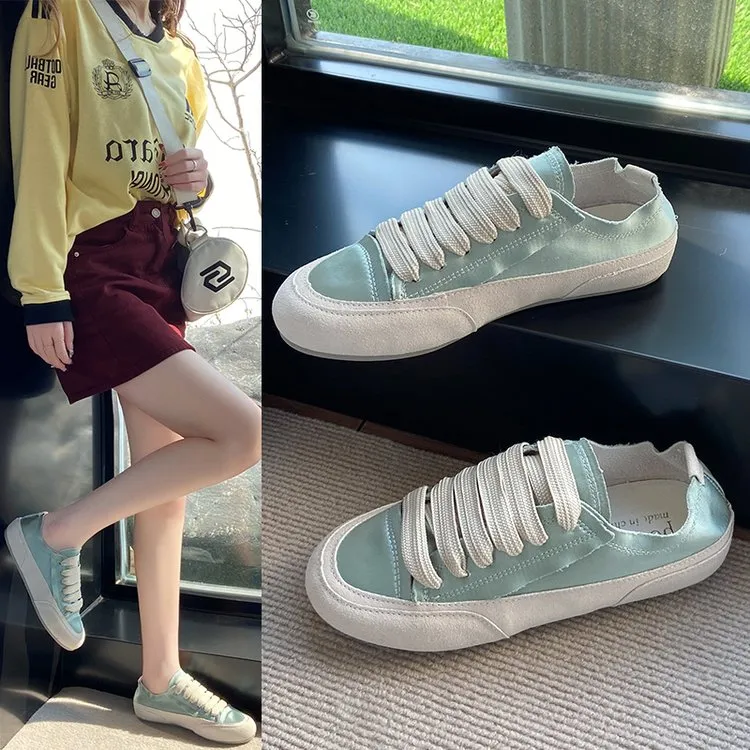 三福2025年夏季平底小白绸缎西班牙小众帆布鞋明星同款百搭鞋子