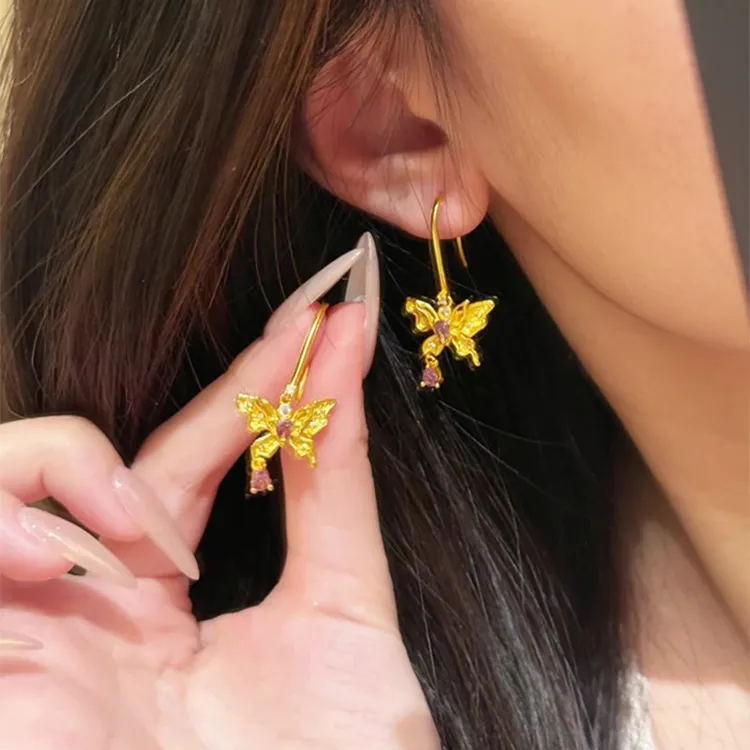 新中式金色蝴蝶耳环女复古宫廷风气质耳坠紫色独特爆款耳饰2134